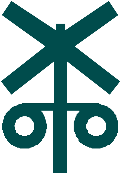 The image shows a stylized graphic of an electric train signal with three lights on top: red for stop, yellow for caution, green for go; below it is a railroad crossing sign indicating that there's no track ahead and to look both ways before proceeding.