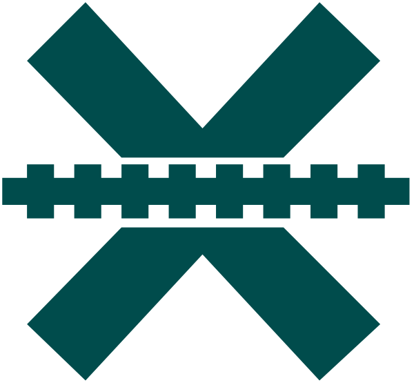 The image shows a stylized graphic with an X symbol at its center within two parallel lines that resemble train tracks on either side of it; above these lines is another line segment perpendicular to them, forming an 'X' shape against a dark background.