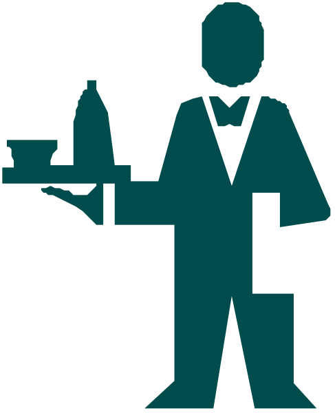 The image shows a black silhouette of an adult male figure standing next to a cartoon depiction of a tray with two bottles on it; he is holding what appears to be a clipboard in his right hand and has a badge around his neck, suggesting that this could represent some form of service or delivery role.