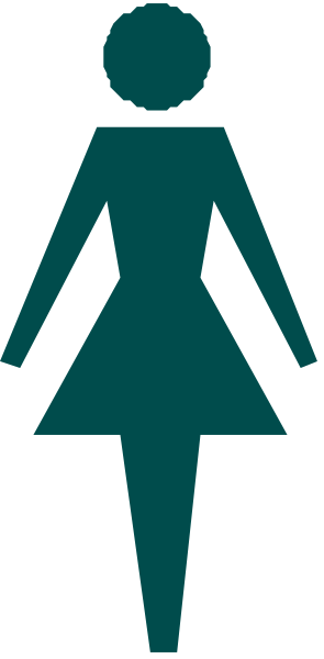 The image shows a stylized graphic of an iconic female figure with her hand on hip, standing next to a sign indicating women's restroom accessibility for wheelchairs.