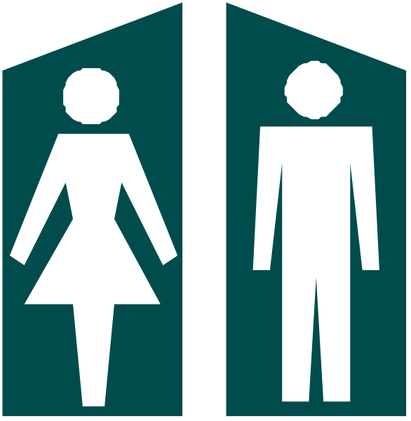 The image shows a series of four signs with symbols representing men's restrooms on top half and women's restroom below each other in bottom halves; all have black silhouettes against white background, indicating gender-specific facilities for public use.