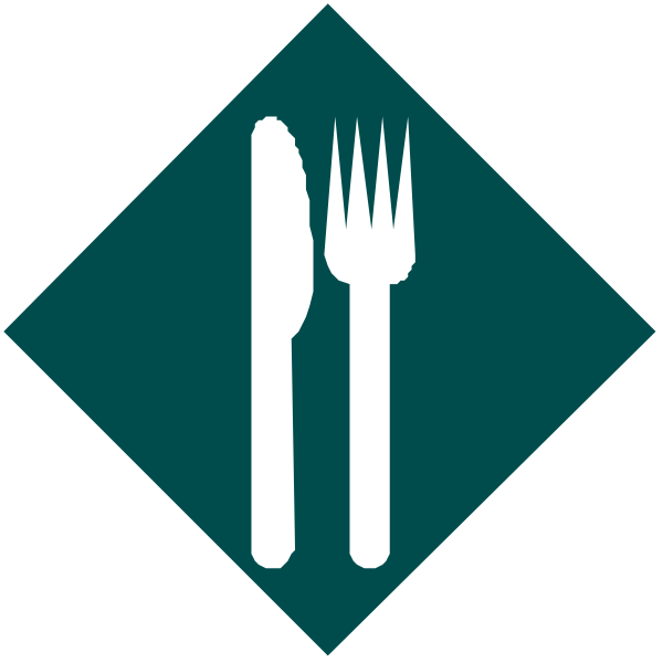 The image shows a diamond shape with three different food items: on top left is an icon of silverware (fork, knife, spoon), in the middle right there's a plate symbolizing dinnerware like plates and bowls, at bottom center it depicts cutlery including fork, knife, and possibly other utensils.