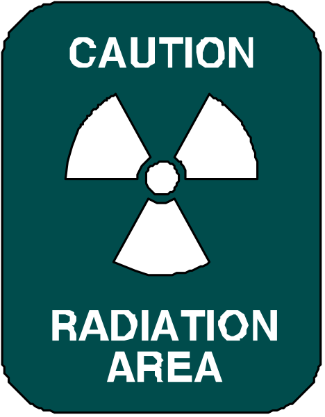 The sign says "CAUTION RADIATION AREA" with a radiation symbol underneath it on top of an image that looks like grass.