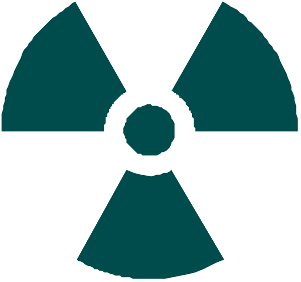 The image shows a graphic of three nuclear radiation symbols with an exclamation mark between them on a white background.