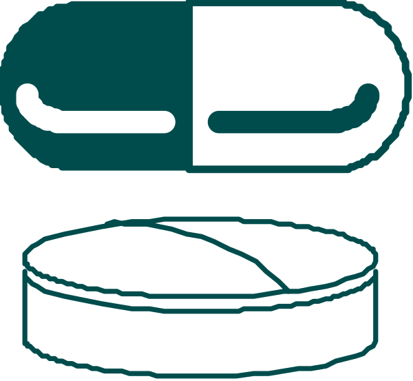 The image shows a stylized representation of an open pill bottle with pills inside it on top left corner; to its right is a small blue circle containing what appears to be two white caps facing each other in front, and below them there's a depiction of three brown tablets or cookies.
