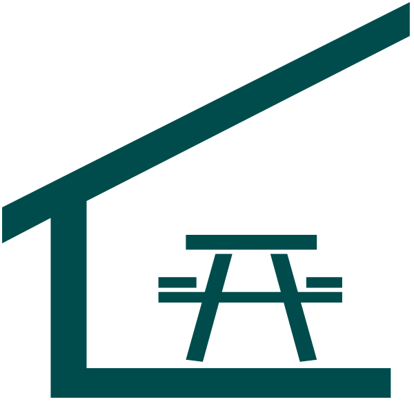 The image shows a black and white icon of an architectural drawing with two overlapping elements: on top is a roofline symbolizing construction; below it is another element that appears to be related to furniture assembly, possibly indicating IKEA-style flat pack items or tools for building structures like the one above.