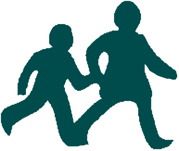 The image shows a black silhouette of two figures walking side by side with an object between them that appears to be floating in mid-air; there is no text present within this clipart.