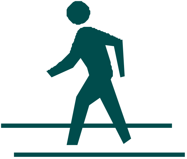 The image shows a black silhouette of an adult male walking on what appears to be a sidewalk with his arms outstretched for balance.