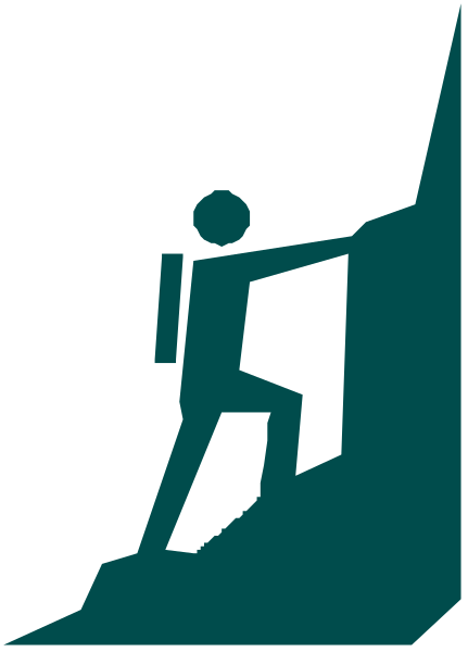 The image shows a black silhouette of an individual climbing upwards on what appears to be a ladder against a dark background with light gray shading at the bottom right corner that suggests depth.