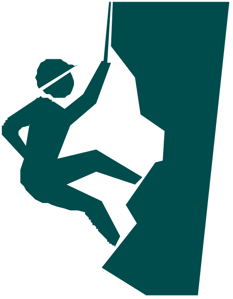 The image shows a person climbing up an outdoor rock wall with their hands on holds; there is no visible text within this small clip-art section of the larger graphic.