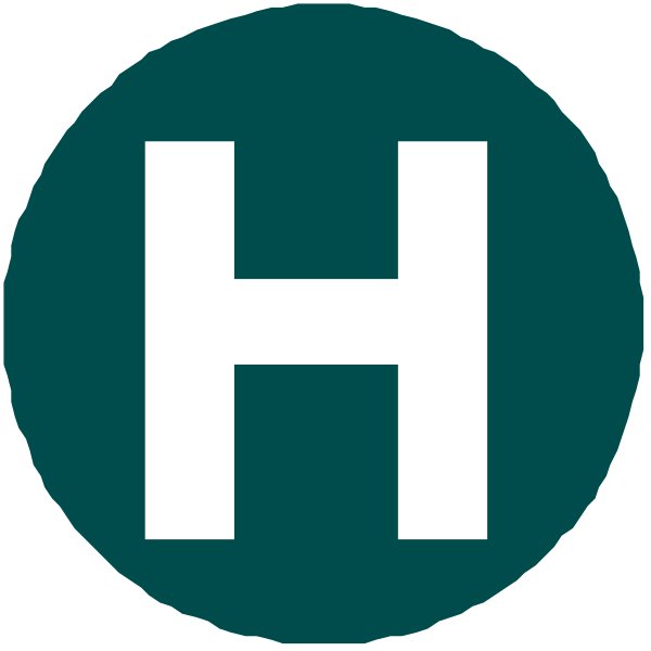 The image shows a logo with an "H" inside it on top of another letter that is partially obscured by the first one; there's also a blue circle in front of this design element.