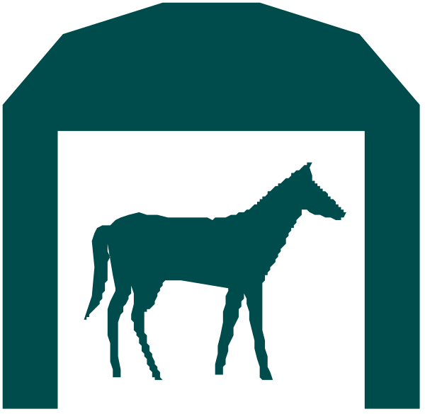 The image shows a stylized icon of two horses standing under an archway with their heads facing opposite directions; to the left is one horse depicted in profile view while looking rightward, and on the right side there's another horse shown from behind as it looks forward towards us.