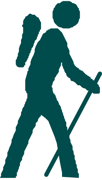 The image shows a person walking with hiking poles on their hands against an outdoor background that includes trees and mountains.