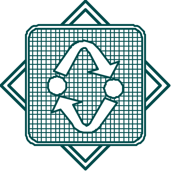 The image shows a graphic with two interconnected symbols: on top left there is an icon of recycling arrows forming a loop around what appears to be paper clips; below it, in the center right corner, there's another symbol that looks like three people or figures connected by lines and surrounded by dots. The style suggests this could represent concepts related to sustainability (recycling) and community/collaboration among individuals within a group or organization.