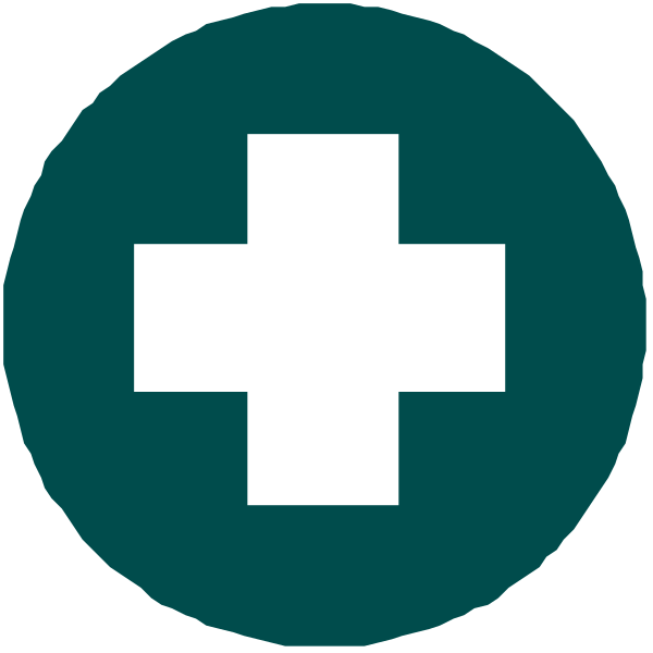 The image shows a logo with two interconnected circles; on top of each circle is an icon representing medical crosses (red plus signs), suggesting healthcare services such as first aid or emergency care.