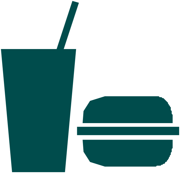 The image shows a simple black and white illustration of various food items such as cups, burgers, fries, donuts, hot dogs, ice cream cones, sandwiches, pizza slices, bowls with different types of foods like cereal or soup, and beverages. There are also utensils depicted including a knife, fork, spoon, straws in the cups, and bottles that could represent drinks such as soda or beer. The image is stylized to resemble an advertisement for food items with prices listed next to each item.
