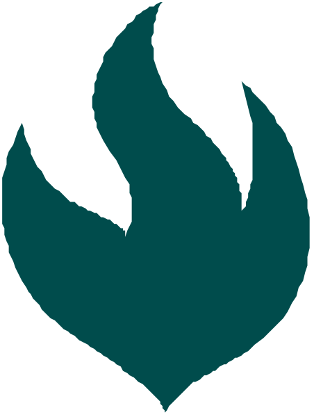 The image shows a stylized graphic of an abstract flame with blue tones on top against white backgrounds at bottom left and right corners.
