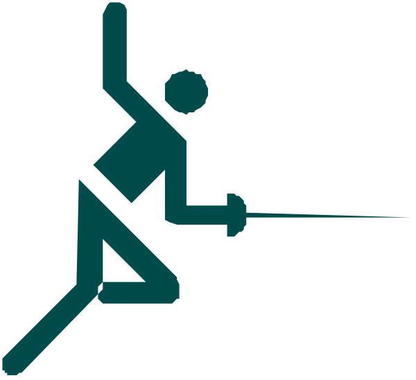 The image shows a black silhouette of an athlete running with two swords crossed behind them against a white background.