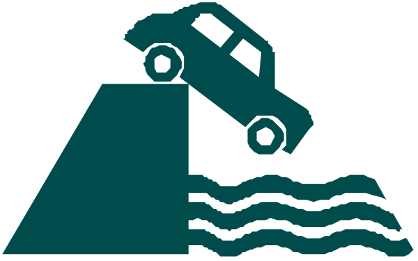 The image shows a cartoon of an SUV driving off a cliff into water with waves crashing below it on what appears to be a highway sign indicating "Road Ends."