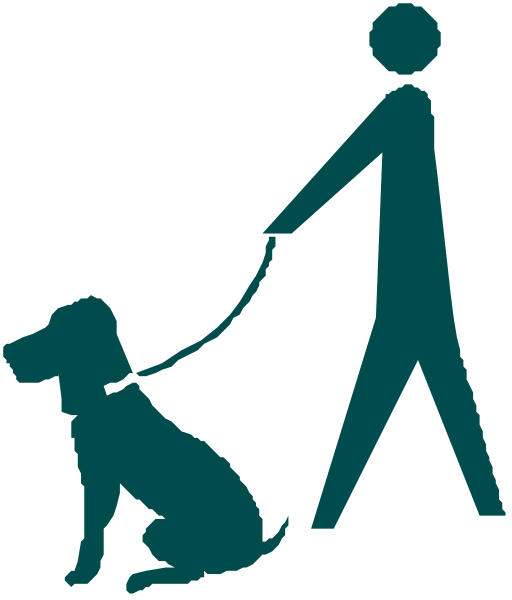 The image shows a person walking with their dog on a leash through what appears to be an urban environment during daylight hours.