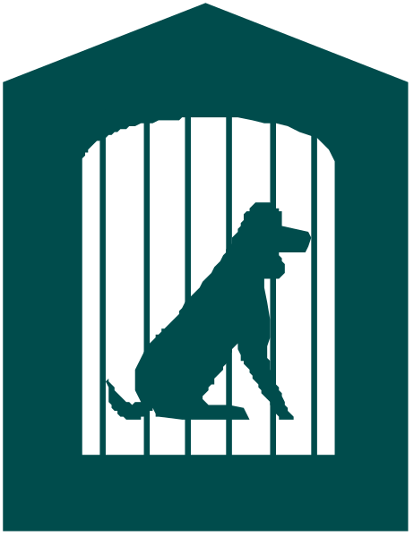 The image shows a stylized graphic of an animal shelter with silhouettes inside it; there is no text present in this clip-art illustration.
