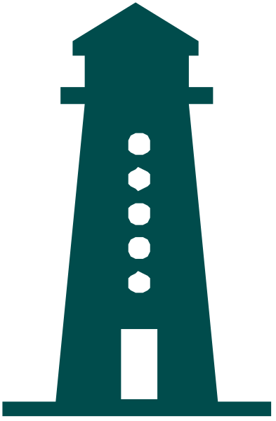 The image shows a stylized graphic of an iconic lighthouse with three lights on top against a dark background.