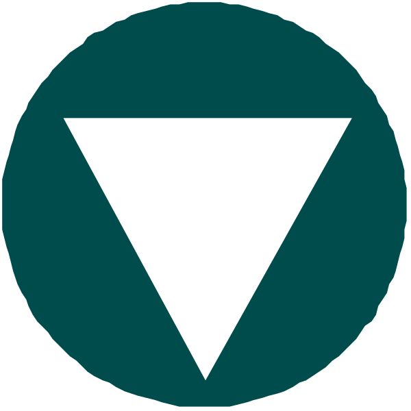 The image shows a logo with three circles: two white ones on either side of an arrow pointing to them from above, suggesting directionality; in between these is another circle that has a darker shade inside it but appears lighter at its edges and contains what looks like a stylized letter 'V' or possibly the number 7. The background behind this logo is not visible due to transparency of the image file format. There are no texts, people, animals, actions, or settings depicted in this clip-art style graphic. It appears to be an icon commonly used for navigation on a