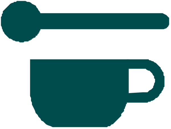 The image shows a coffee cup icon with two spoons crossed over it on top of what appears to be an espresso machine background.