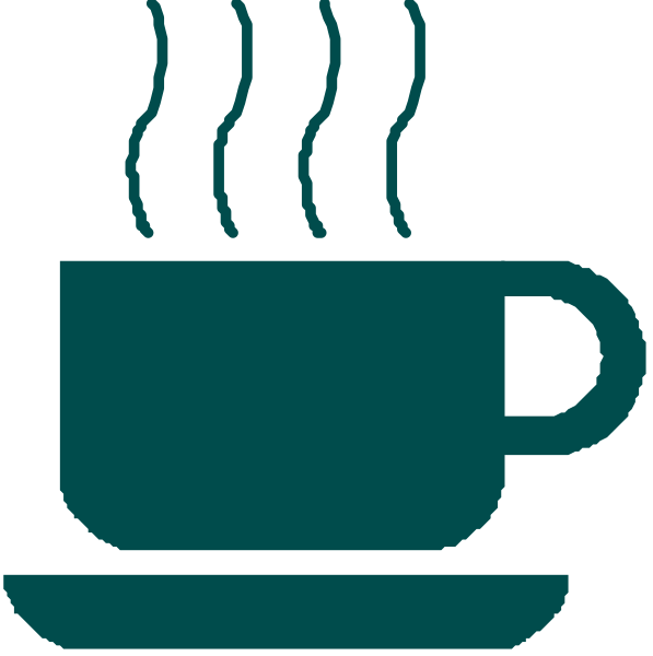 The image shows a coffee cup icon with steam rising from it on top left corner of another similar but smaller coffee cup icon below it in bottom right corner against white background.