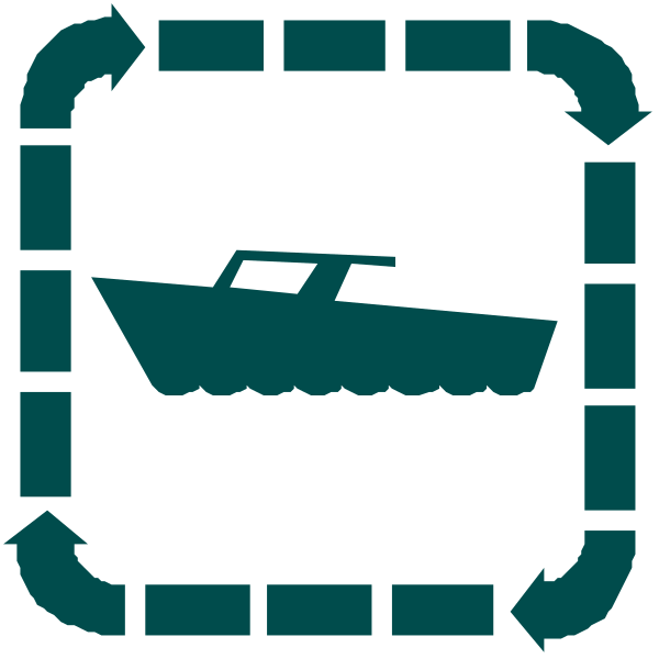 The image shows a stylized icon of an ice cream cone with various items inside it: at the top left is what appears to be a boat; in the center there's another item that looks like a houseboat, and on the bottom right corner, we see two icons resembling boats. Surrounding these are arrows pointing towards them from different directions, suggesting movement or navigation around this area of interest. The background is white with blue borders framing each icon within its own box-like shape. There's also a small text that reads "10%"