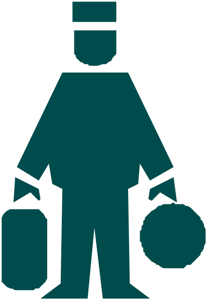 The image shows a black silhouette of an adult male figure carrying luggage on his shoulders while holding bags with both hands in front of him; he is standing against a white background that has two vertical stripes, one blue and one gray.