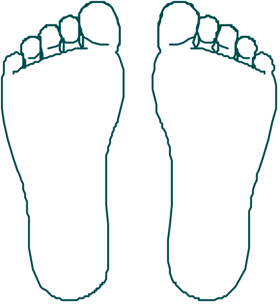 The image shows a pair of feet with no shoes against a black background on top half, transitioning to an illustration in blue tones at bottom right corner depicting two bare human legs standing side by side and facing forward from behind.