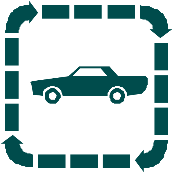 The image shows a stylized icon of an automobile with arrows indicating directions to various destinations such as "gas station," "rest stop," and other services typically found along highways during long trips, suggesting that this is part of a larger graphic or interface related to travel planning or navigation.