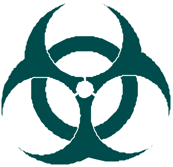 The image shows a hazard symbol with an exclamation mark inside it on top of another circle that contains three arrows forming a triangle around what appears to be a biohazard sign within its own circular boundary, all set against a white background.