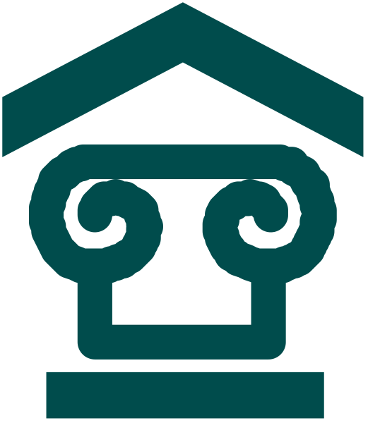 The logo features a stylized house with two swirls above it on either side of what appears to be an abstract face design below them in blue tones against a white background.