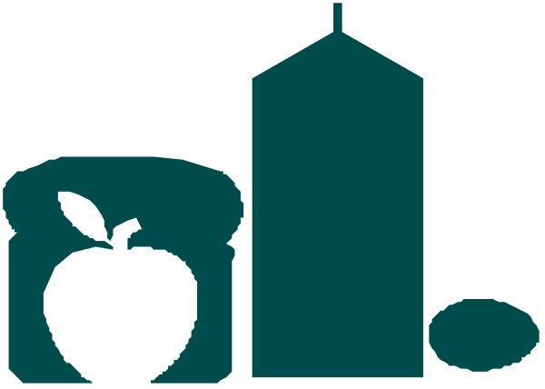 The image shows a logo with various food items such as an apple, carrot, banana, eggplant, broccoli, bread loaf, milk carton, cheese wedge, pizza slice, hot dog bun and sausage link, ice cream cone, cake slices, sandwich halves.