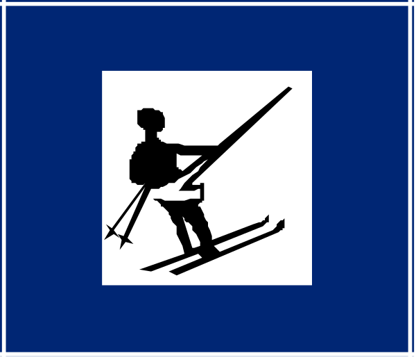 The image shows a blue flag with white text on it that reads "Skiing" at top left corner of an American Flag design featuring silhouettes of skiers in action against snowy mountain backdrop, and below is black-and-white clip art graphic depicting two people skiing.