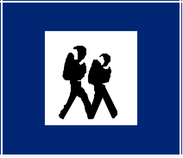 The image shows a blue sign with white text that reads "No Parking" at the top left corner of an otherwise blank background. In the center right portion of the sign is a black silhouette icon depicting two people walking, one behind the other in profile view facing to their respective sides and away from each other; they are not carrying any items or wearing backpacks as suggested by your description. The style appears to be minimalistic with no additional details provided about clothing, accessories, or facial features of the silhouettes due to its simplicity.