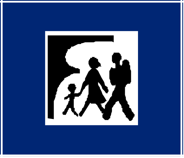The image shows a black and white icon of an accessibility symbol with two figures walking on either side; it is set against a blue background that resembles water.