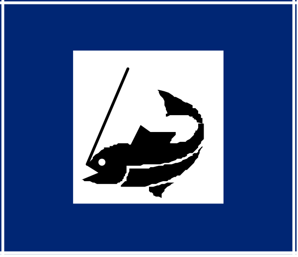 The image shows a blue flag with white text on it that reads "Sports" at top left corner and an emblem of what appears to be a fish in black ink below the word "sport."