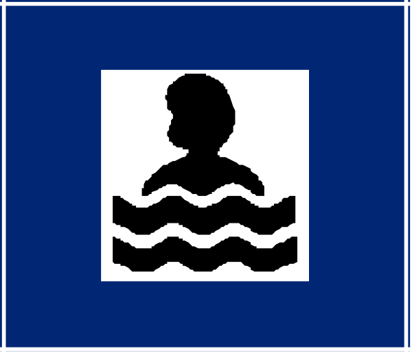 The image shows a blue flag with white text on it that reads "Safety First." On this flag is an icon of a person in water wearing goggles, suggesting swimming safety awareness.