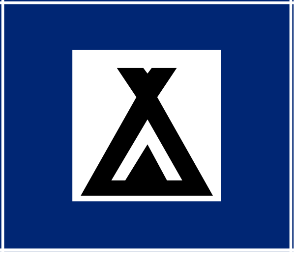 The image shows a blue flag with white text on it that reads "INDIANA" at the top left corner of the square-shaped object in black font against a lighter background. Below this word is an emblem featuring three teepees, one larger than the other and two smaller ones stacked above each other to form what appears to be a stylized mountain or peak shape on either side of the largest teepee. The style suggests it might represent Native American iconography commonly associated with indigenous cultures in North America.