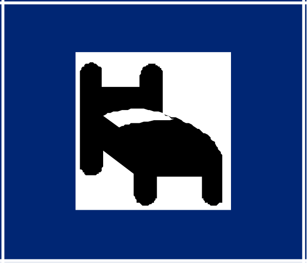 The image shows a blue sign with white text that reads "BED" on it next to an icon of two beds stacked vertically in black coloring against a gray background.