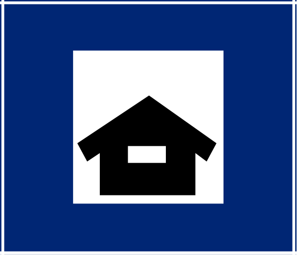 The image shows a blue sign with white text that reads "House" on it against a gray background.