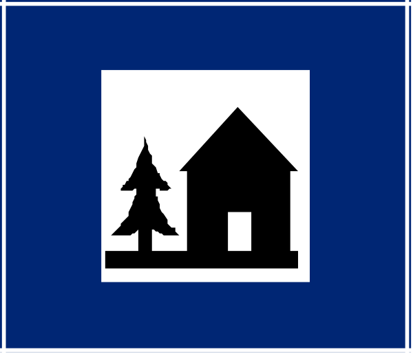 The image shows a blue flag with white border featuring an icon of a house on top left corner next to pine trees.