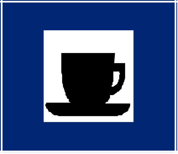 The image shows a blue sign with white text that reads "COFFEE" on top of it, followed by an icon depicting two coffee cups next to each other in front of what appears to be a cupcake-like shape below them.