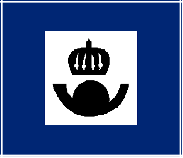 The flag of a state with its emblem on it displayed against a blue background.