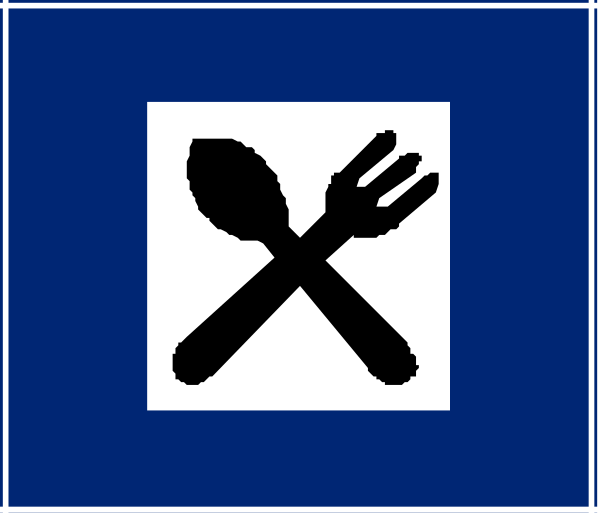 The image shows a blue flag with white text on it that reads "Food Service." On this background is an icon of two crossed spoons in black coloring inside a square border also outlined by a thin line, which appears to be part of a larger symbol or logo design.