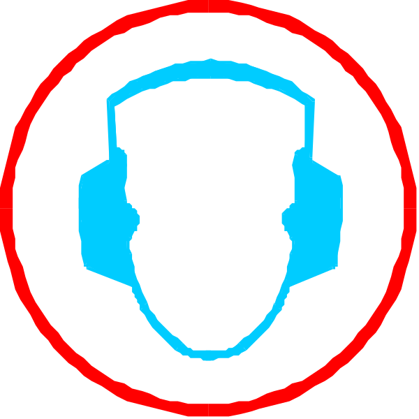 The image shows a collection of three circular stickers with icons related to headphones: on top is an icon depicting two ears in blue earbuds; below it is another circle featuring what appears to be a stylized human face wearing white noise-cancelling earmuffs, and the bottom one has a red cross through its center. The stickers are arranged vertically against a black background with no additional context provided about their setting or purpose beyond being icons for headphones features. There is also an icon of what seems to be a person's face in white