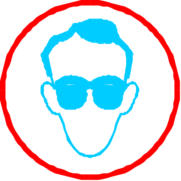 The image shows two circular stickers with a blue silhouette of a man wearing sunglasses on each side against white backgrounds.